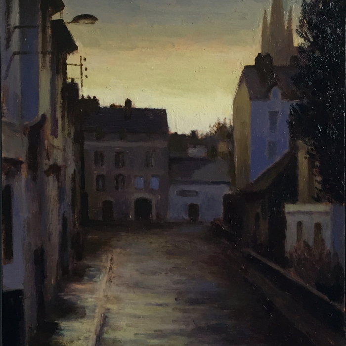 Oil on board painting of a residential street by Marc Chalmé titled The Hours II