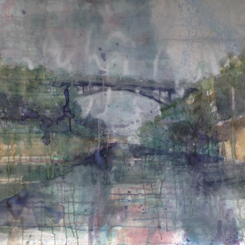 Watercolor on paper painting of a bridge crossing a river by Elizabeth Allison titled Route 80 East.