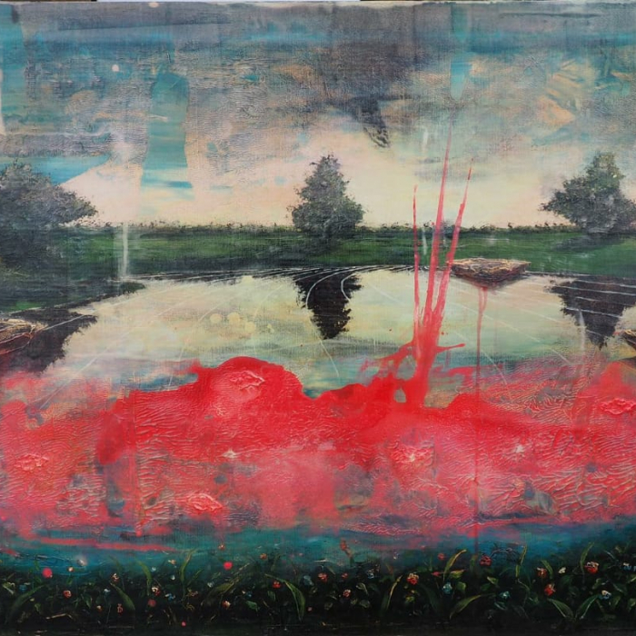 Acrylic and oil on canvas painting of trees across a lake with red paint smeared across it by Jernej Forbici titled Stain.