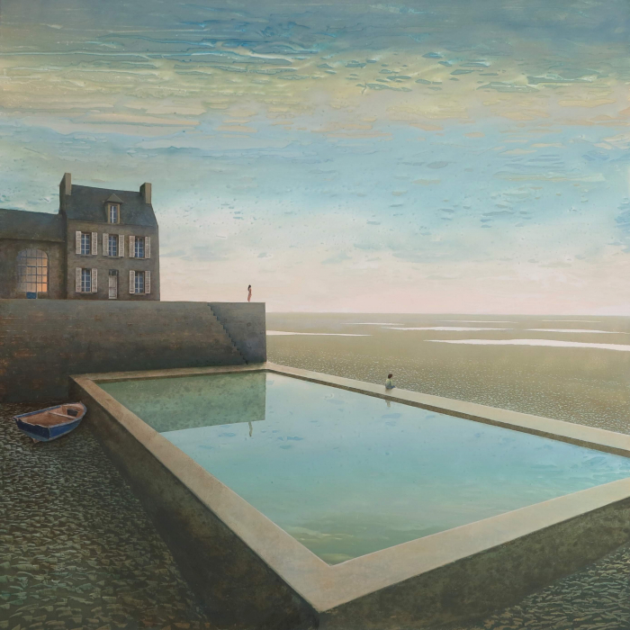 Oil on board painting of a reflection pool beside a lone house in a dry landscape with two individuals gazing at the horizon by Philippe Charles Jacquet titled Dans l'Attente.