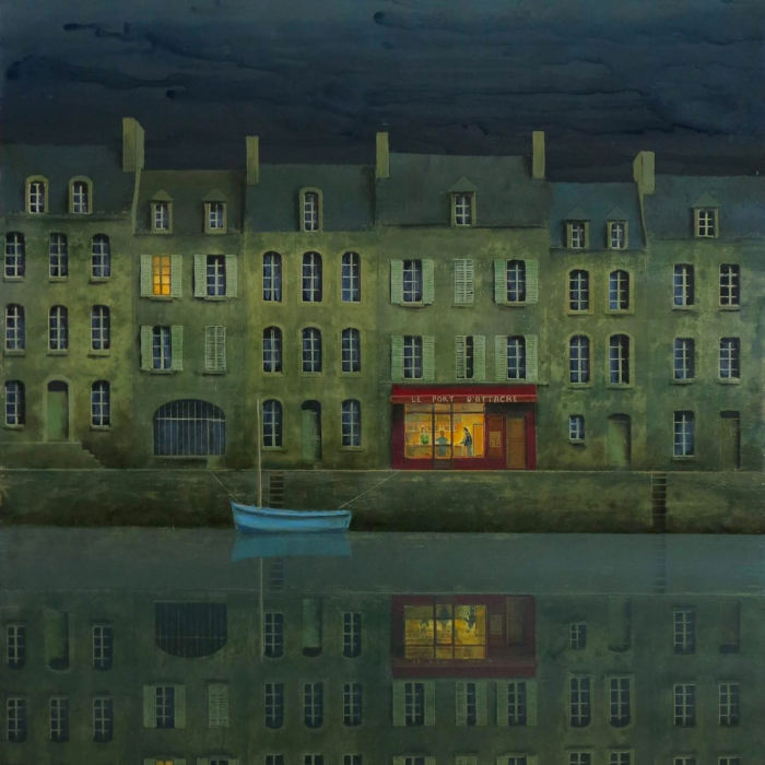 Oil on board painting of a blue rowboat moored for the night at a dock of row houses with one a storefront illuminated by Philippe Charles Jacquet titled Le Port d'Attache.