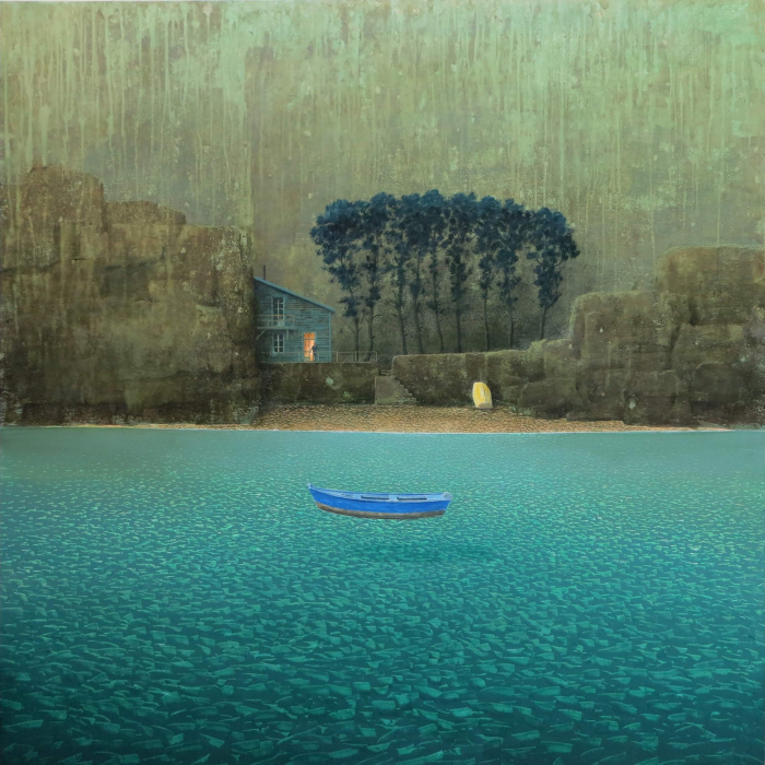 Oil on board painting of a blue rowboat afloat in a teal sea before a lone house with one lit window by Philippe Charles Jacquet titled Une Soirée Ordinaire.