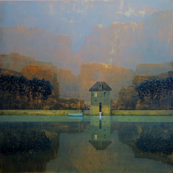 Oil on board painting of a lone house, rowboat, and their reflections on a lake at dawn titled Le Moulin à l'Aube by Philippe Charles Jacquet.