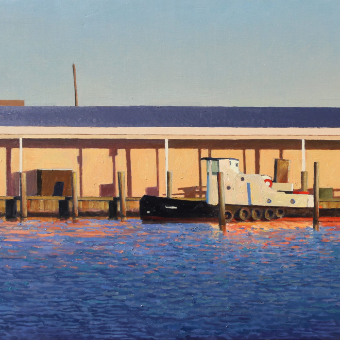 Oil on canvas painting of a tug boat moored at a pier amidst choppy and sun-reflecting water by Xavier Rodés titled Tug.