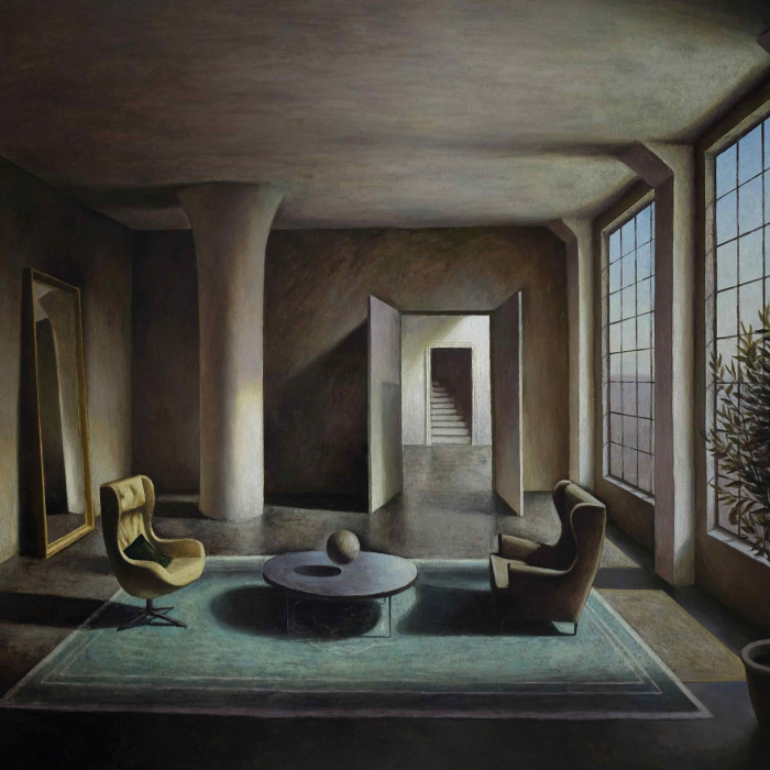 Oil on canvas painting of a mysterious room lit from a large window where two chairs face each other across a table above which a spherical object floats by Marc Chalmé titled Between Dreams.