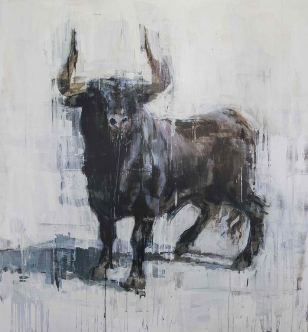 Giclée print of a black bull, horns raised and facing the viewer, against a pale background by Joseph Adolphe titled Last Stand 2.