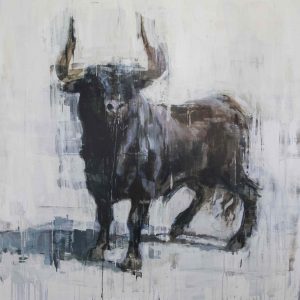 Giclée print of a black bull, horns raised and facing the viewer, against a pale background by Joseph Adolphe titled Last Stand 2.