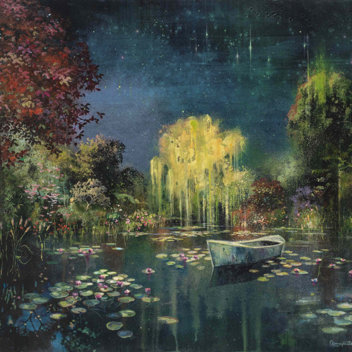 Acrylic, marble powder, and pure pigment on canvas painting of Monet&#039;s Giverny garden at night by Eric Roux-Fontaine titled L&#039;Étang II.