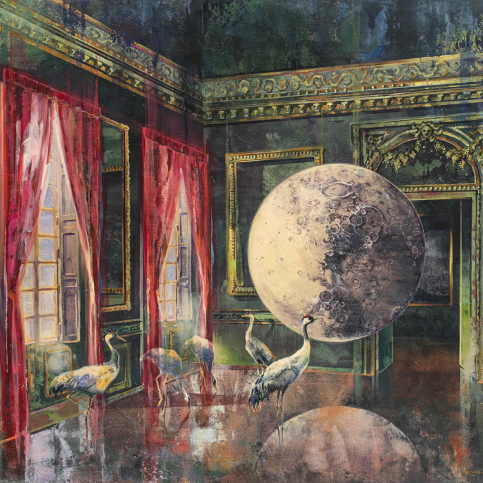 Acrylic, marble powder, and pure pigment on canvas painting of the full moon and a flock of cranes inside the Palace of Versailles by Eric Roux-Fontaine titled Nouvelle Lune.