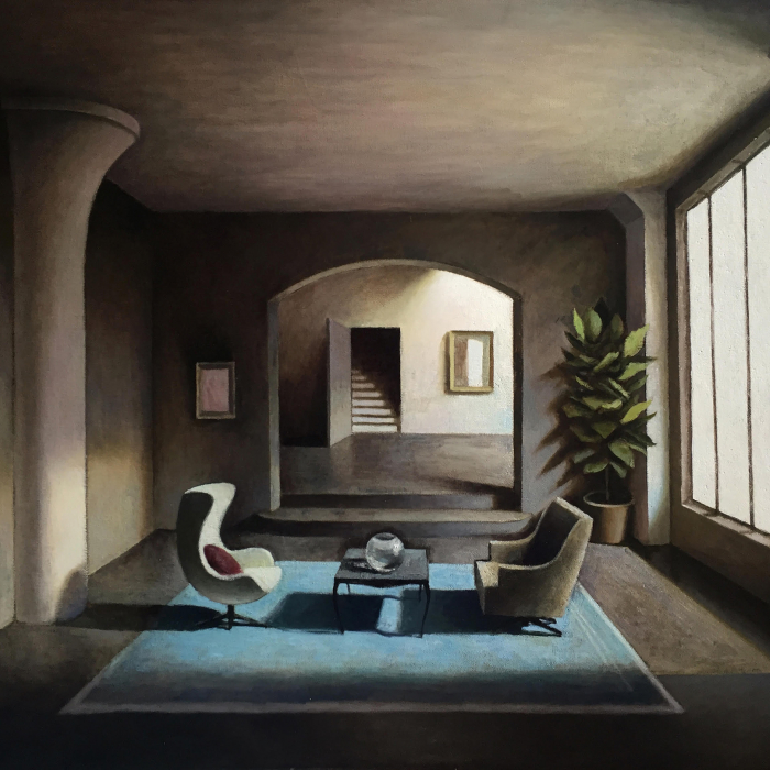 Oil on canvas painting of a mysterious room where a blue rug, coffee table, and two chairs facing each other are lit by a large window by Marc Chalmé titled Le Tapis Bleu.