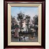 Acrylic on board painting of a Parisian street scene from the past at dusk with carriage horses, strolling pedestrians, park trees in silhouette, and row houses by Michel Delacroix titled "Le Repos de Cheveaux." Installation image showing the work framed.