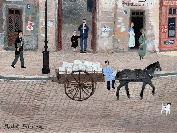 Acrylic on board painting of a Parisian street scene from the past at dawn with a horse carriage, strolling pedestrians, cobblestone streets, and row houses with smoky chimneys by Michel Delacroix titled "Rue de Seine." Detail showing a horse drawn cart full of packages, a black and white dog, and pedestrians strolling the sidewalk and cobblestone street.