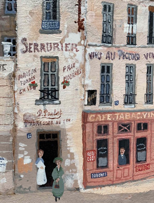 Acrylic on board painting of a Parisian street scene from the past at dawn with a horse carriage, strolling pedestrians, cobblestone streets, and row houses with smoky chimneys by Michel Delacroix titled "Rue de Seine." Detail showing painted shop signs and advertisements on building façades as pedestrians stroll beneath.