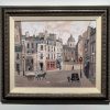 Acrylic on board painting of a Parisian street scene from the past at dawn with a horse carriage, strolling pedestrians, cobblestone streets, and row houses with smoky chimneys by Michel Delacroix titled "Rue de Seine." Installation image showing the work framed.