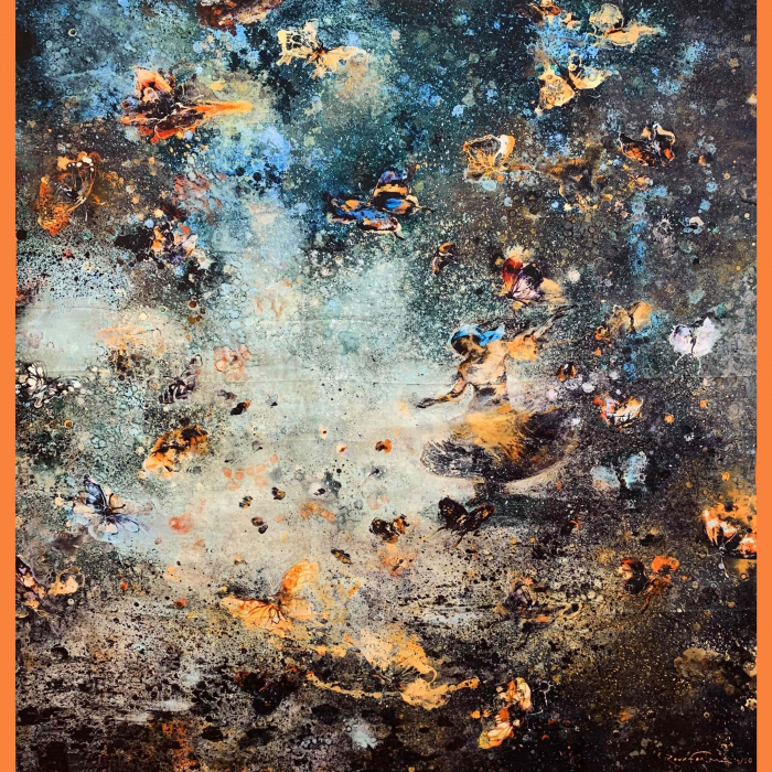 Silk scarf with an orange border containing what at first appears to be an oil spill but upon closer inspection is a twirling Romani woman surrounded by swarm of butterflies by Eric Roux-Fontaine titled Gulabi.