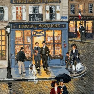 Limited edition print of evening strollers exiting and walking past a Parisian bookshop by Fabienne Delacroix titled "La Librairie Montaigne."
