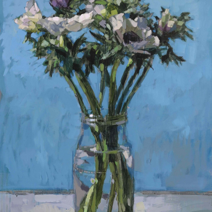 Oil on canvas still life painting of a vase of white and purple flowers against a blue background by Hugo Galerie artist Laurent Dauptain.