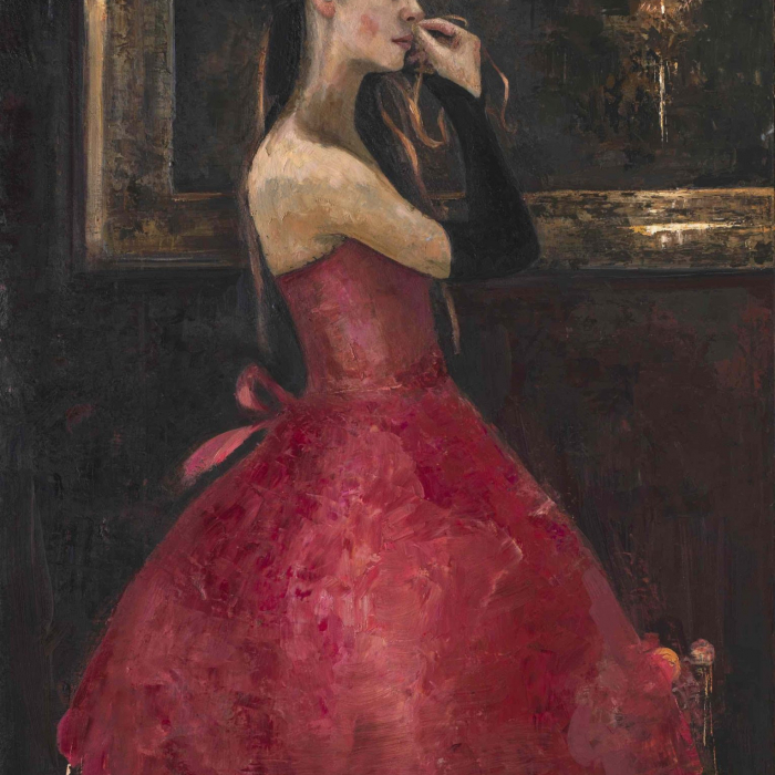Oil and wax on canvas painting of a young lady in a red gown and long gloves putting on earrings beside a mirror by Goxwa titled "Before the Opera."