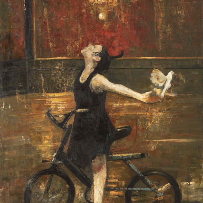 Oil and wax on canvas painting of a young woman standing astride her bicycle with outstretched arms as a white dove flies from her palm by Goxwa titled Out.