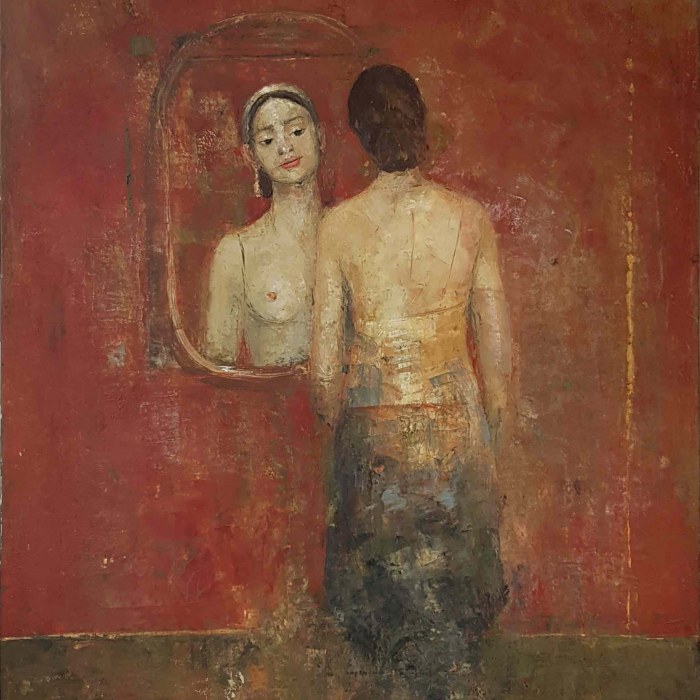 Oil and wax on canvas painting of shirtless girl gazing at herself in the mirror by Goxwa titled "Speak to Me."