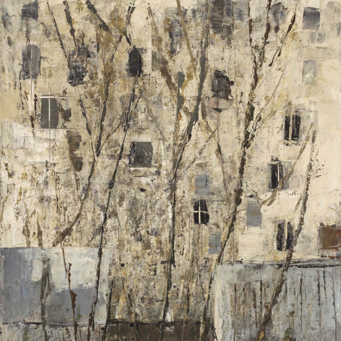 Oil and wax on canvas painting of bare tree branches with an apartment building in the background by Goxwa titled "View from My Window."