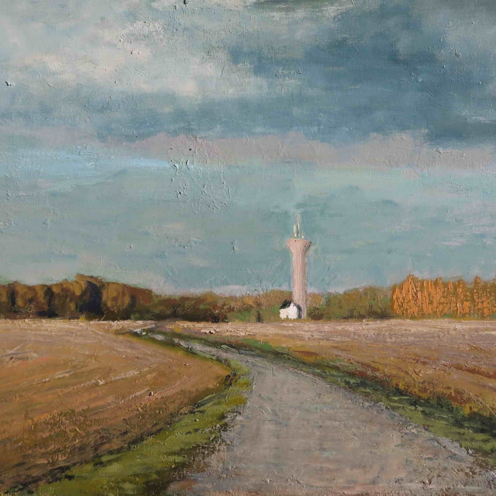 Oil on canvas painting of a dusty blue sky above a field and winding road that leads to a distant home and silo by Albert Hadjiganev titled "Chateau d'Eau."