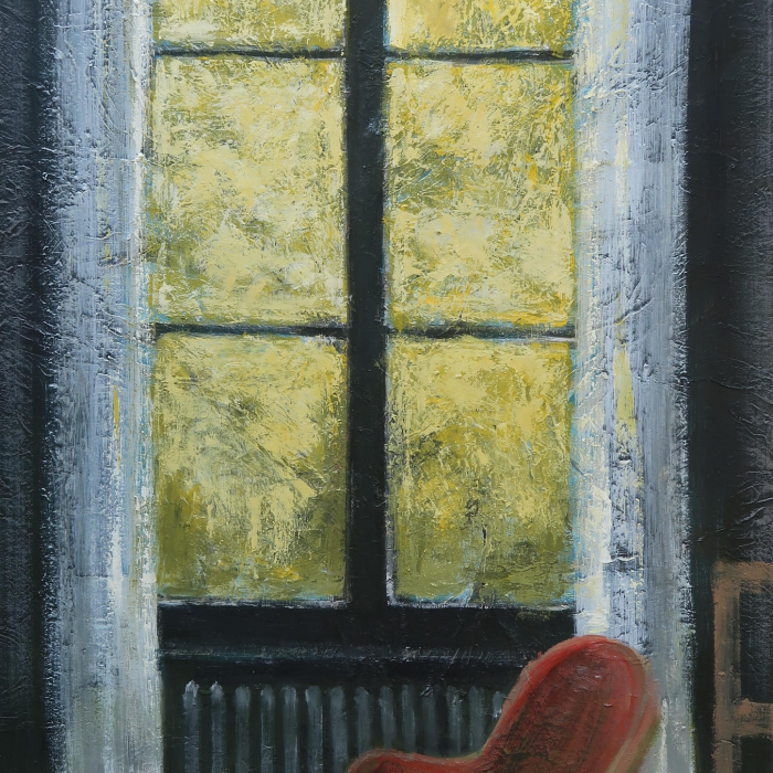 Oil on canvas painting of red chair in front of a brightly lit window framing yellow-green leaves by Albert Hadjiganev titled &quot;Fenêtre Jaune.&quot;