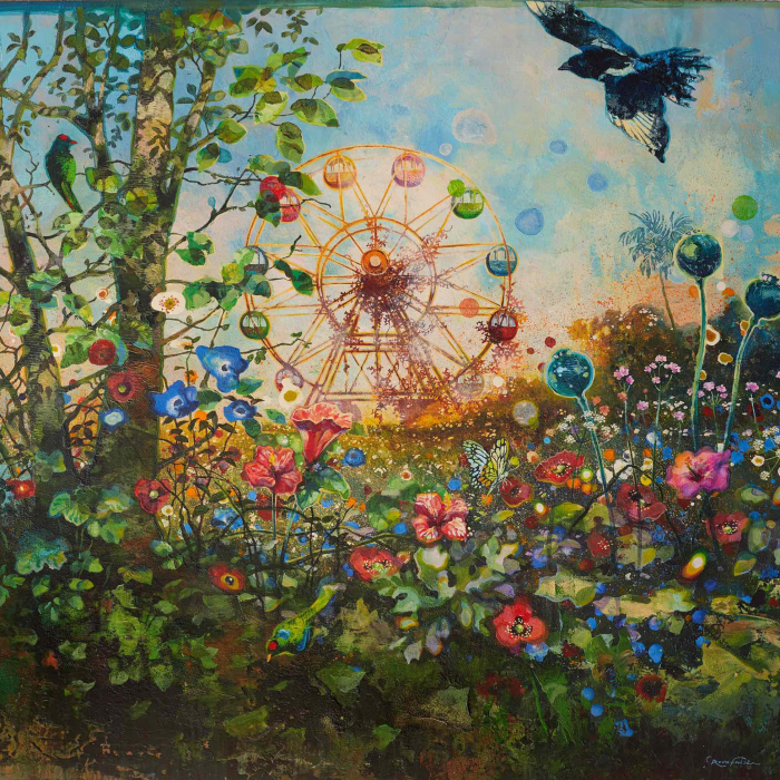 Mixed media on canvas painting of a ferris wheel deep within a vibrant and technicolor forest by Hugo Galerie artist Eric Roux-Fontaine titled "Le Bleu du Ciel."