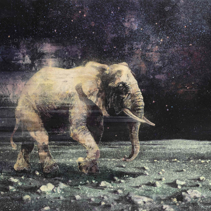 Mixed media on canvas painting of a nighttime view of an elephant strolling across a lunar surface by Hugo Galerie artist Eric Roux-Fontaine titled "Moonscape I."
