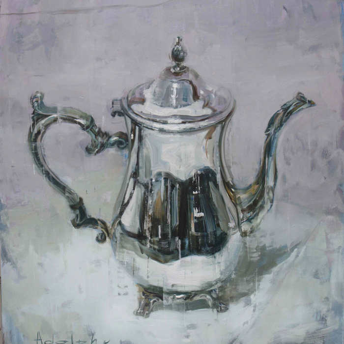 Oil on canvas painting of a shiny, silver, antique teapot by Joseph Adolphe titled "Anniversary no. 33."