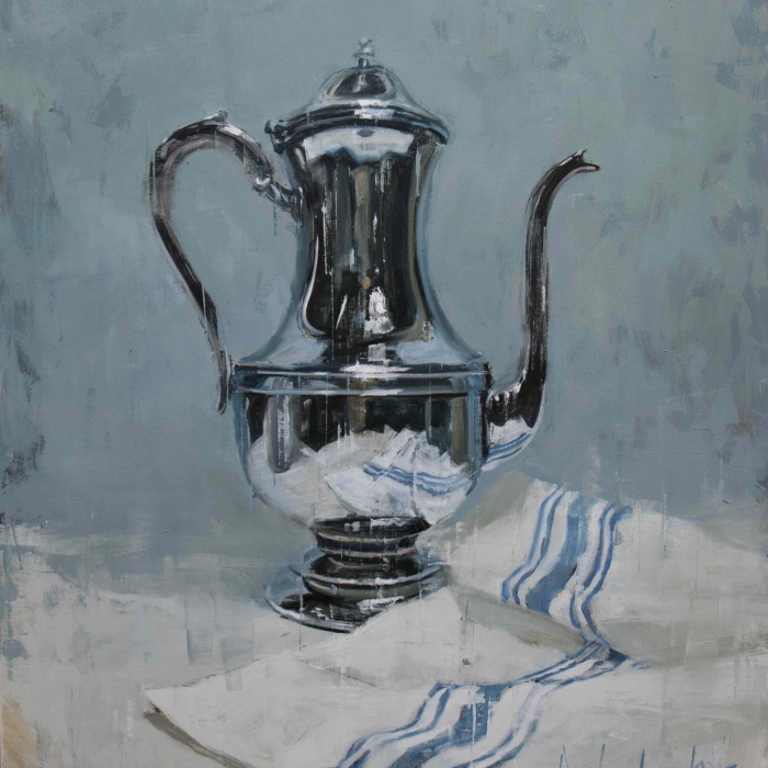 Oil on canvas painting of a shiny, silver, antique teapot with a white and blue striped cloth by Joseph Adolphe titled "Anniversary no. 37."