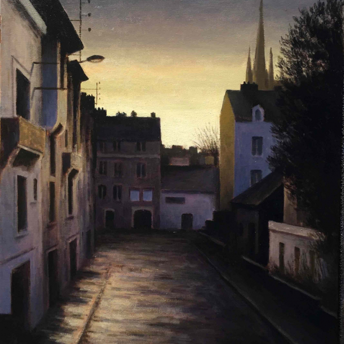 Oil on canvas painting of town at sunset by Marc Chalmé titled "Après la Pluie."