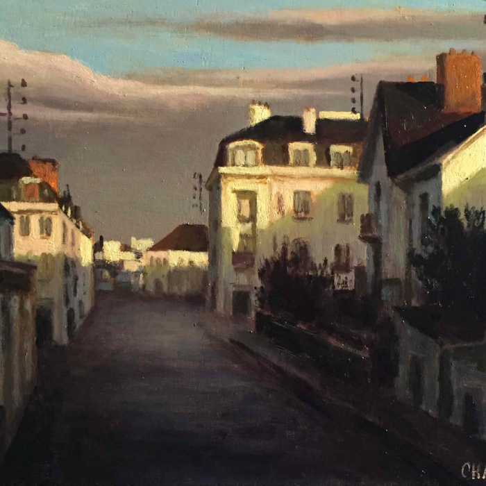 Oil on board of a town at sunrise by Marc Chalmé titled "Au Matin."
