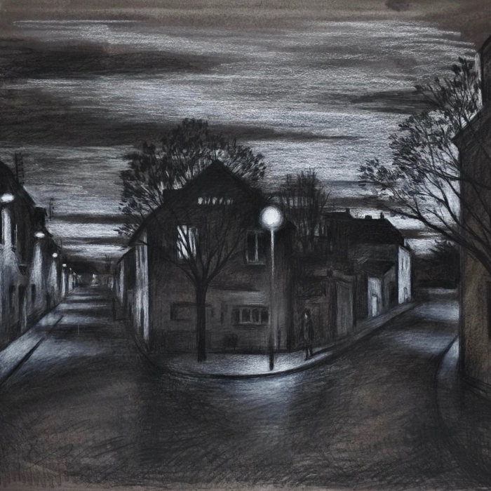 Charcoal drawing of a road forking through a town lit by streetlights at nightfall by Marc Chalmé titled "Au Point de la Nuit."