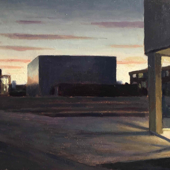 Oil on board painting of an industrial space at dusk by Marc Chalmé titled "Crépuscule."
