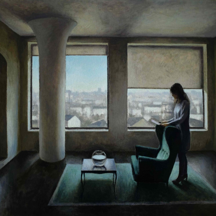 Oil on canvas painting of a stylized, modern living room with a woman reading a letter beside windows with a view of a town's rooftops by Marc Chalmé titled "La Lettre."