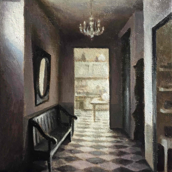 Oil on board painting of hallway's checkerboard floor, chandelier, bench, and mirror and the kitchen beyond by Marc Chalmé titled "Le Couloir."
