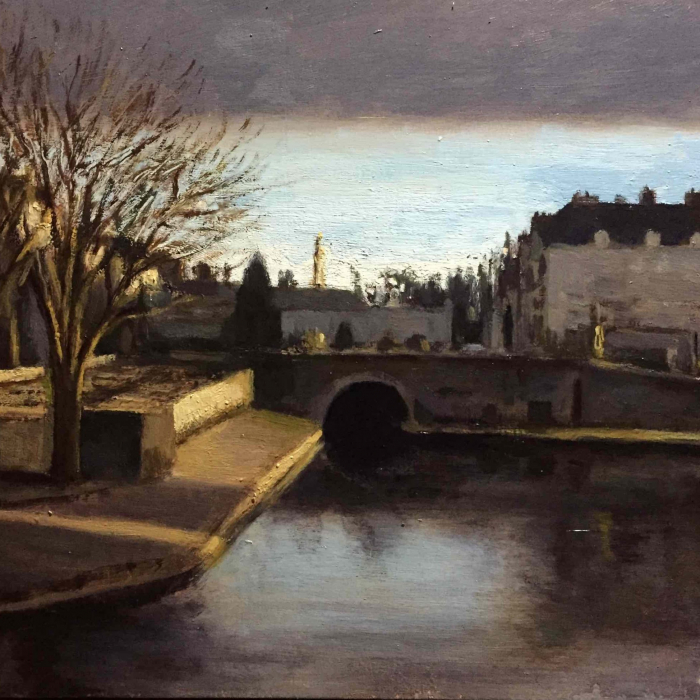 Oil on board painting of an arched bridge over body of water leading to a classic, European town by Marc Chalmé titled "Le Tunnel."