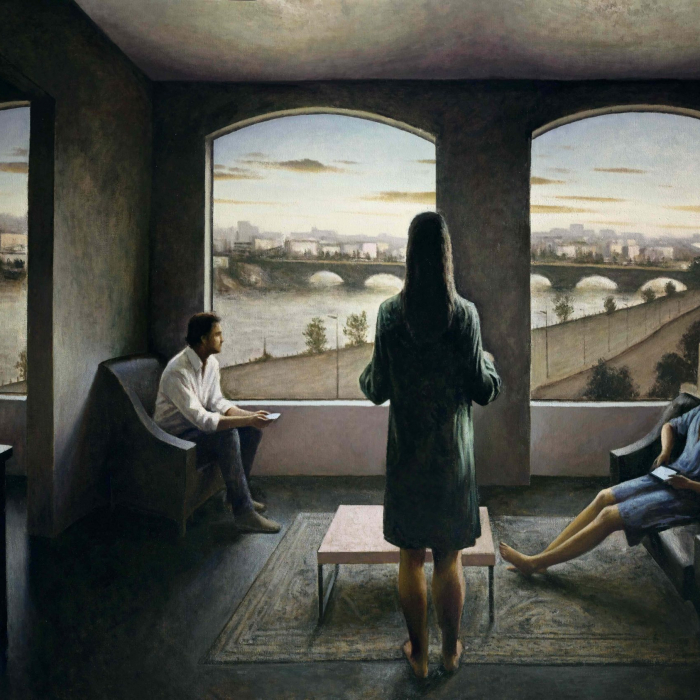 Oil on canvas painting of a stylized, modern living room with three figures variously looking at smartphones or the view of an arched bridge across water through the windows by Marc Chalmé titled "L'eau et les Rêves."