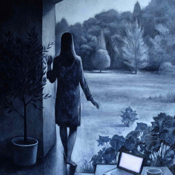 Oil on canvas painting in shades of blue of a living room encroached upon by flowers as a woman walks through the archway into the landscape beyond by Marc Chalmé titled "Monochrome II."