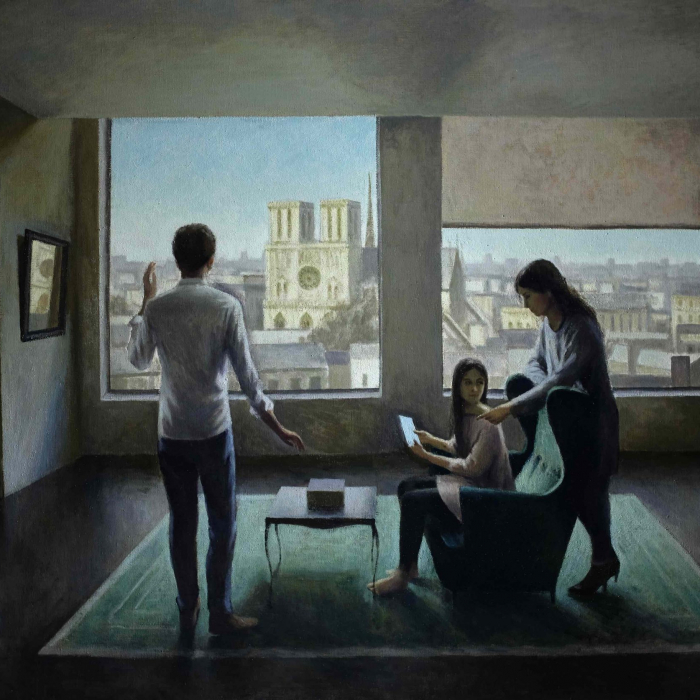 Oil on canvas painting of a stylized, modern living room with three figures variously looking at a tablet or the view of Notre Dame through the windows by Marc Chalmé titled "Those Who Dream by Day."