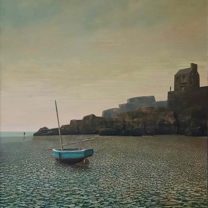 Oil on board painting of a grounded sailboat and figures, both wading and standing beside a classic stone house in the cliffs, amidst a vast, watery yet desert landscape by Philippe Charles Jacquet titled "Échouage."