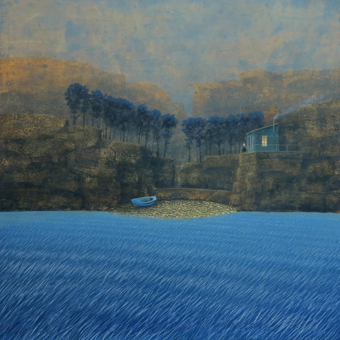 Oil on board painting of a woman beside her home in the cliffs above a vast, blue wetland by Philippe Charles Jacquet titled "Femme au Foyer."