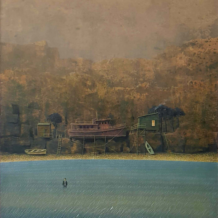 Oil on board painting of a man wading in blue wetlands in front of his aground boat and home with cliffs beyond by Philippe Charles Jacquet titled "Les Échoués."