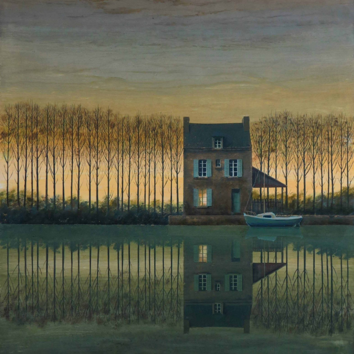 Oil on board painting of a sailboat docked in front of a house among trees at sunset, all reflected in the still water, by Philippe Charles Jacquet titled "Une Vie Tranquille."