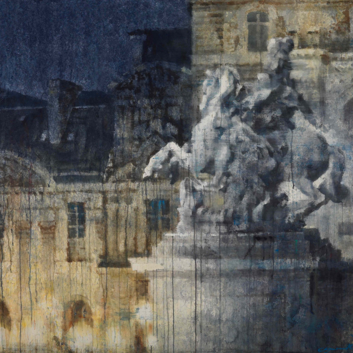 Watercolor on Arches paper of a statue in the foreground and segment of the Louvre in the background, lit by spotlights in the dark, by Chizuru Morii Kaplan titled "Night Louvre."