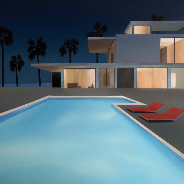 Acrylic and oil on canvas painting of a modern home, lit against a dark skyAcrylic and oil on canvas painting of a modern home, its interior lit against a dark sky, and swimming pool in California with the Pacific Ocean in the background by Daniel Raynott titled "California Night.", and swimming pool in California with the Pacific Ocean in the background by Daniel Raynott titled "California Night."