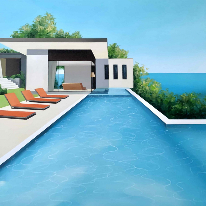 Acrylic and oil on canvas painting of a modern home and swimming pool in sunny California with the Pacific Ocean in the background by Daniel Raynott titled "West Coast."