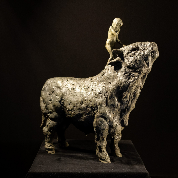 "Girl and Bull," bronze, 24½ ” x 23½” x 8” (62 x 60 x 20cm)
