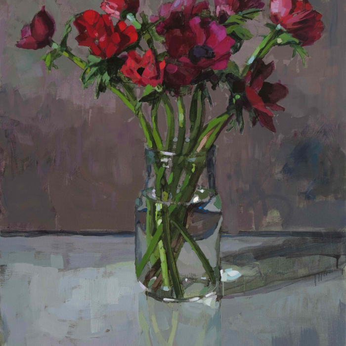Oil on canvas still life painting of a vase of red flowers against a grey background by Laurent Dauptain titled "Anémones Rouges, Fond Gris Chaud."